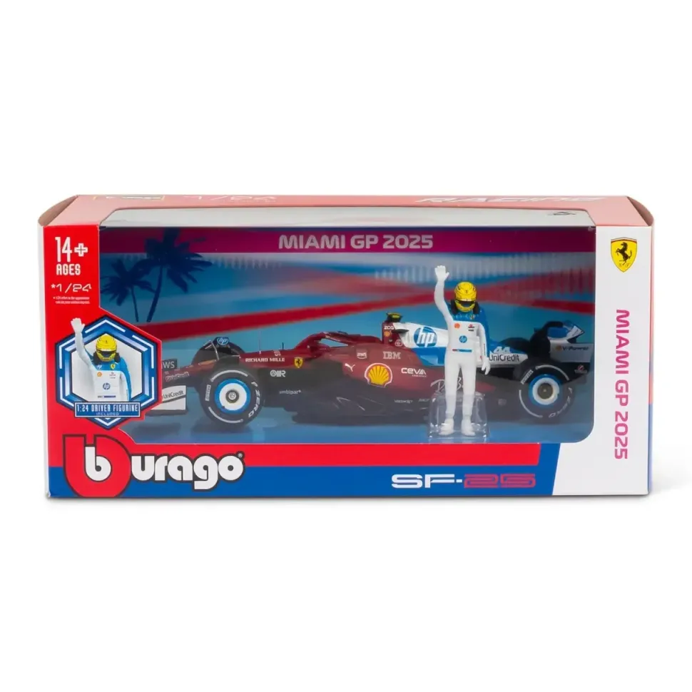 Burago 1/24 F1 Ferrari SF-25 Miami GP 2025 with Driver Figure - Lewis Hamilton Diecast Model
